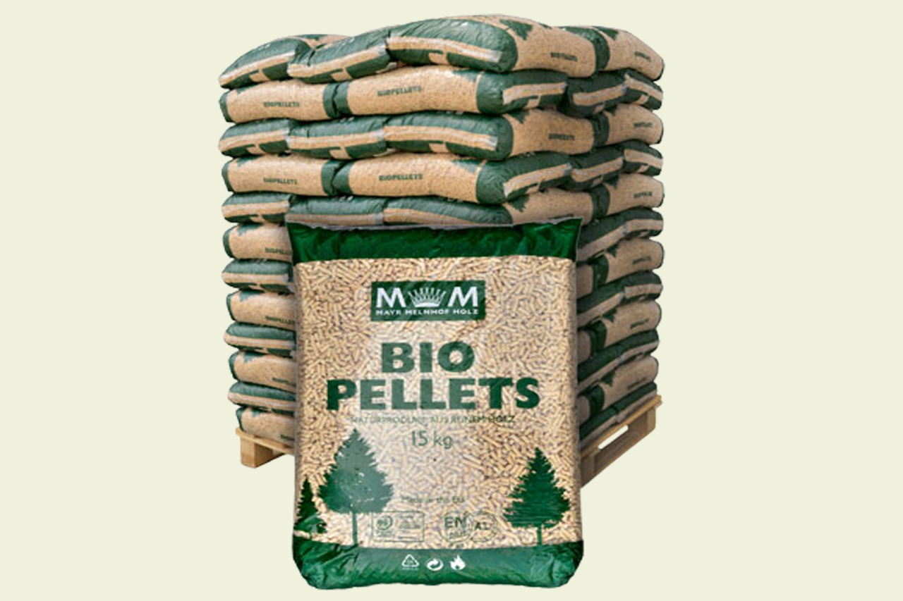 StockSnap_Y6SDOYW0KA.png Palette Pellets Bio Pellets, 100 % Nadelholz, zertifiziert nach EN Plus A1 (AT350) – Palette mit 78 Säcken à 15 kg – Bild 1